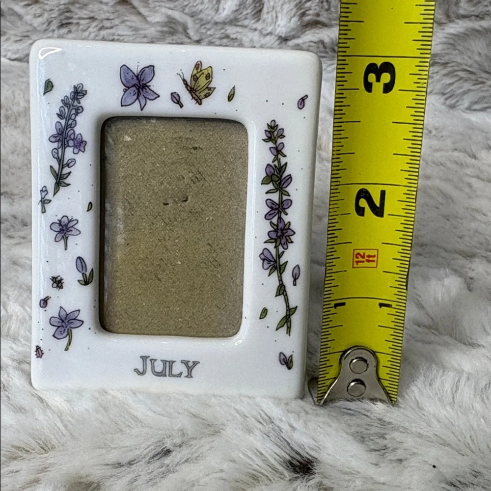 July Ceramic Precious Moments Angel Figurine & July Small Floral Frame. Vintage